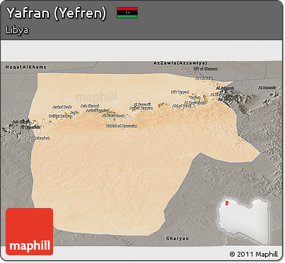 Satellite Panoramic Map of Yafran (Yefren), darken, semi-desaturated