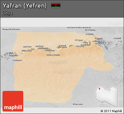 Satellite Panoramic Map of Yafran (Yefren), desaturated