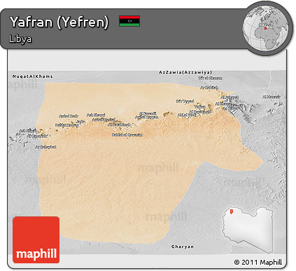 Satellite Panoramic Map of Yafran (Yefren), desaturated