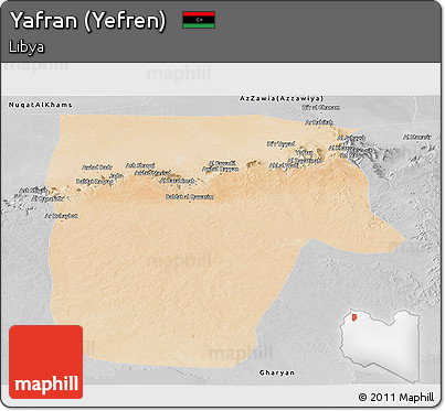 Satellite Panoramic Map of Yafran (Yefren), desaturated