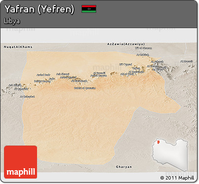 Satellite Panoramic Map of Yafran (Yefren), semi-desaturated