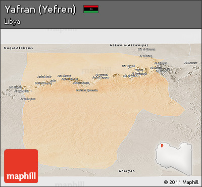 Satellite Panoramic Map of Yafran (Yefren), semi-desaturated
