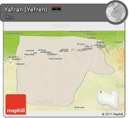 Shaded Relief Panoramic Map of Yafran (Yefren), physical outside