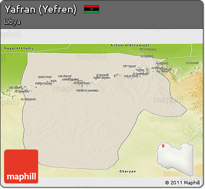 Shaded Relief Panoramic Map of Yafran (Yefren), physical outside