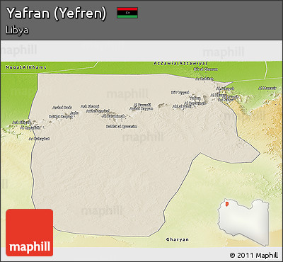 Shaded Relief Panoramic Map of Yafran (Yefren), physical outside