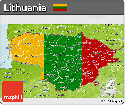 Flag 3D Map of Lithuania, physical outside, flag rotated