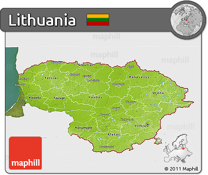 Physical 3D Map of Lithuania, single color outside, satellite sea
