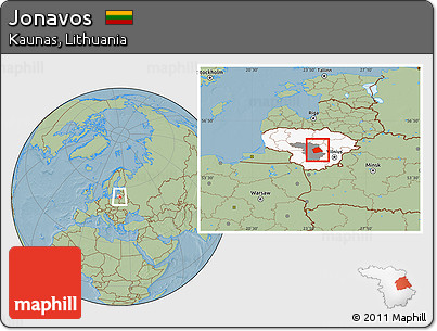 Savanna Style Location Map of Jonavos, highlighted country, highlighted parent region, within the entire country, hill shading