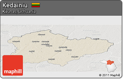 Shaded Relief Panoramic Map of Kedainiu, lighten, semi-desaturated