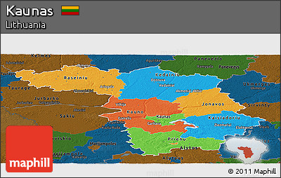 Political Panoramic Map of Kaunas, darken