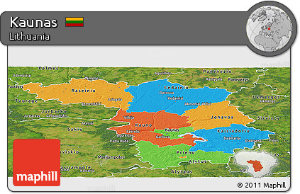 Political Panoramic Map of Kaunas, satellite outside