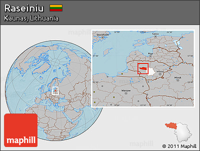 Gray Location Map of Raseiniu, highlighted parent region, hill shading