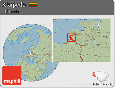 Savanna Style Location Map of Klaipeda, within the entire country, hill shading