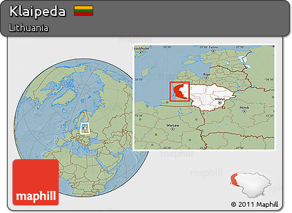 Savanna Style Location Map of Klaipeda, highlighted country, within the entire country, hill shading