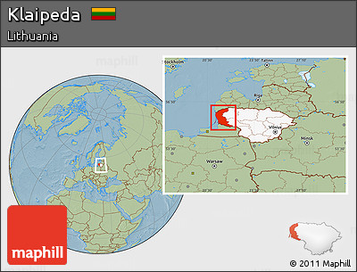 Savanna Style Location Map of Klaipeda, highlighted country, within the entire country, hill shading