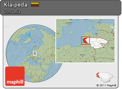 Savanna Style Location Map of Klaipeda, highlighted country, hill shading