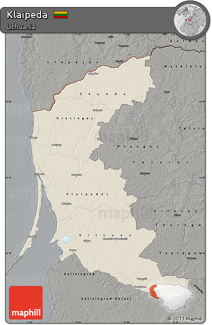 Shaded Relief Map of Klaipeda, darken, semi-desaturated