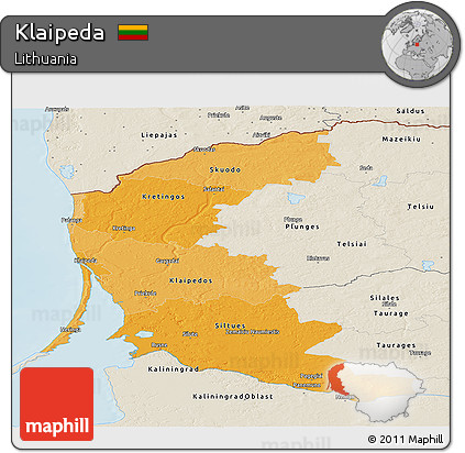 Political Shades Panoramic Map of Klaipeda, shaded relief outside