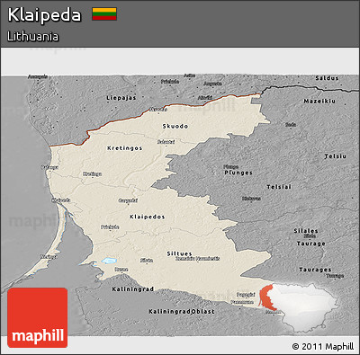 Shaded Relief Panoramic Map of Klaipeda, darken, desaturated