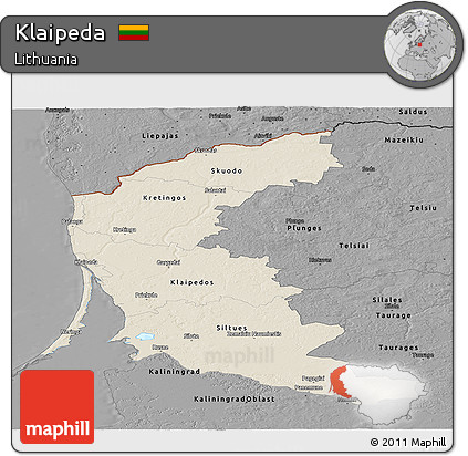 Shaded Relief Panoramic Map of Klaipeda, darken, desaturated