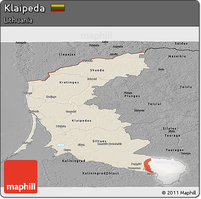 Shaded Relief Panoramic Map of Klaipeda, darken, desaturated