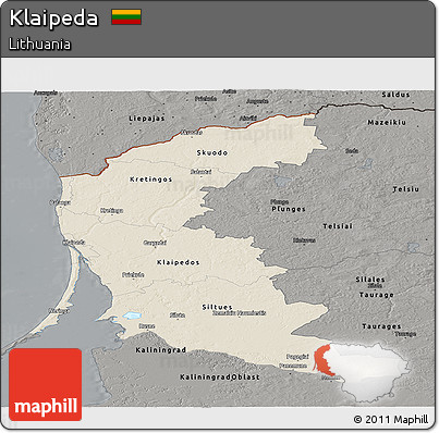 Shaded Relief Panoramic Map of Klaipeda, darken, semi-desaturated