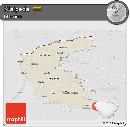 Shaded Relief Panoramic Map of Klaipeda, lighten, desaturated