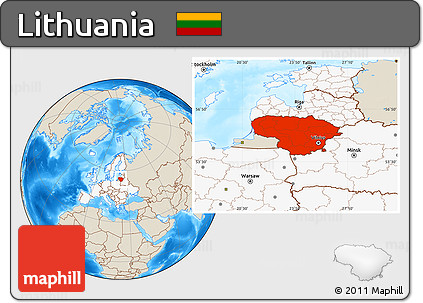 Shaded Relief Location Map of Lithuania, highlighted continent