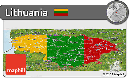 Flag Panoramic Map of Lithuania, satellite outside, bathymetry sea, flag rotated