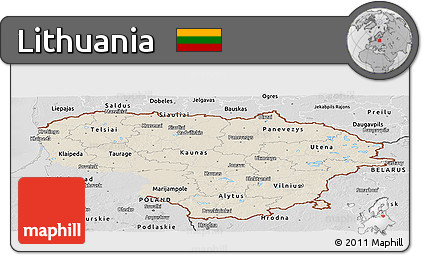 Shaded Relief Panoramic Map of Lithuania, desaturated