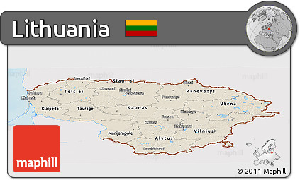 Shaded Relief Panoramic Map of Lithuania, single color outside