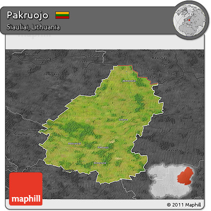 Satellite 3D Map of Pakruojo, darken, desaturated