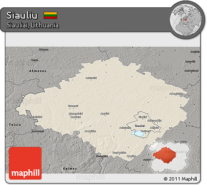 Shaded Relief 3D Map of Siauliu, darken, semi-desaturated