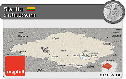 Shaded Relief Panoramic Map of Siauliu, darken, semi-desaturated