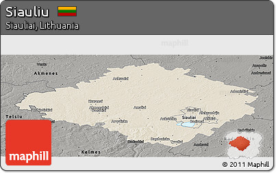 Shaded Relief Panoramic Map of Siauliu, darken, semi-desaturated