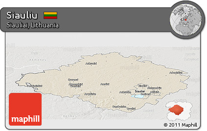 Shaded Relief Panoramic Map of Siauliu, lighten, semi-desaturated