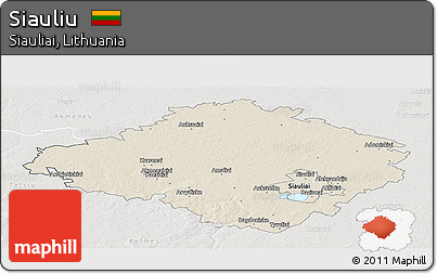 Shaded Relief Panoramic Map of Siauliu, lighten, semi-desaturated