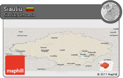Shaded Relief Panoramic Map of Siauliu, semi-desaturated