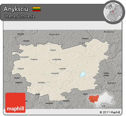 Shaded Relief 3D Map of Anyksciu, darken, semi-desaturated