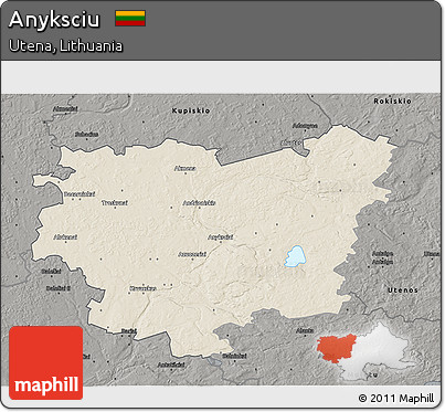 Shaded Relief 3D Map of Anyksciu, darken, semi-desaturated