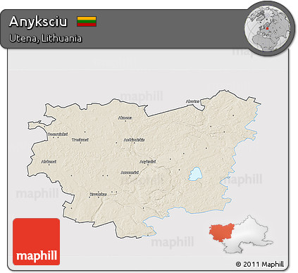 Shaded Relief 3D Map of Anyksciu, single color outside
