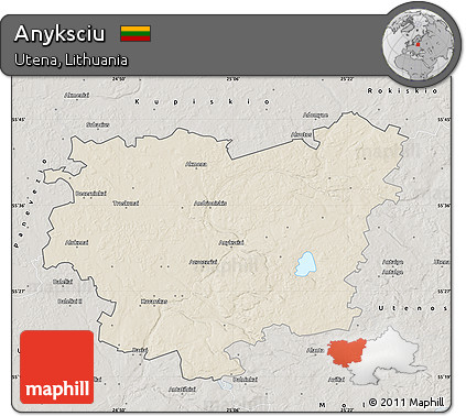 Shaded Relief Map of Anyksciu, semi-desaturated