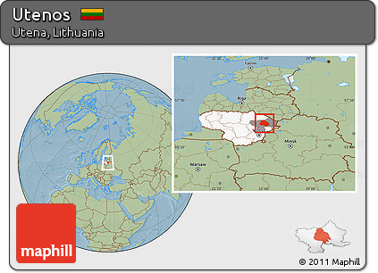 Savanna Style Location Map of Utenos, highlighted country, highlighted parent region, hill shading