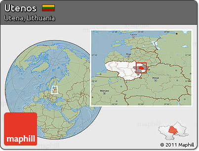 Savanna Style Location Map of Utenos, highlighted country, highlighted parent region, hill shading