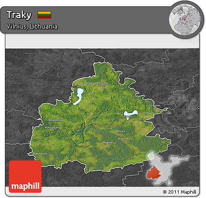 Satellite 3D Map of Traky, darken, desaturated