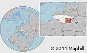 Gray Location Map of Vilniaus, highlighted country, highlighted parent region, within the entire country, hill shading