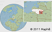 Savanna Style Location Map of Vilniaus, highlighted country, highlighted parent region, within the entire country, hill shading