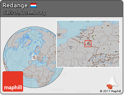 Gray Location Map of Redange, highlighted country, highlighted parent region, hill shading