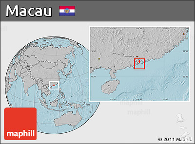 Blank Location Map of Macau, gray outside, hill shading outside