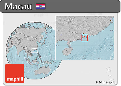 Blank Location Map of Macau, gray outside, hill shading outside